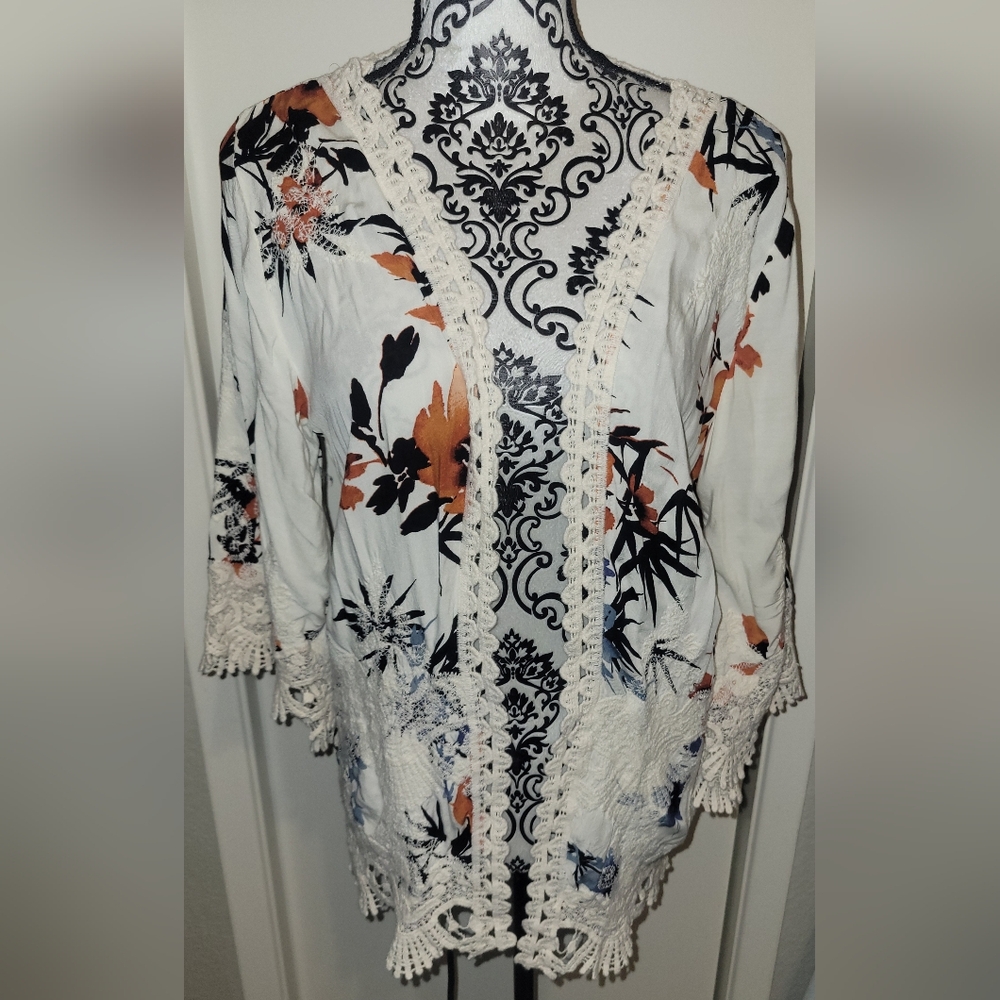 Solitaire Open Front Embroidered‎ Kimono Cardigan Sz Med